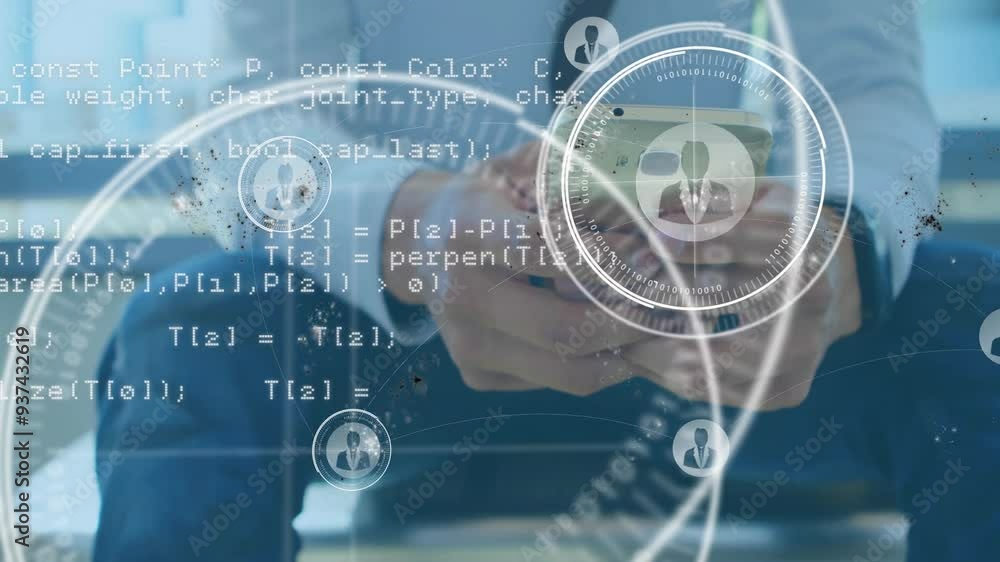 Poster programming code and data analysis animation over person using smartphone