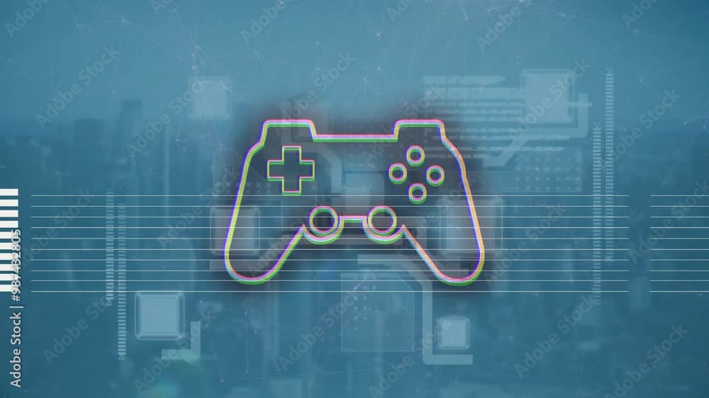 Poster game controller icon animation over digital cityscape background with data elements