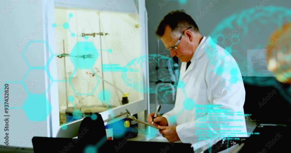 Poster scientist writing notes in lab, scientific data processing animation over scene