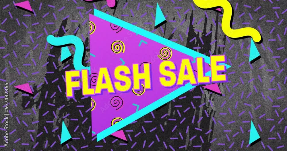 Poster flash sale text animation over colorful geometric shapes and patterns