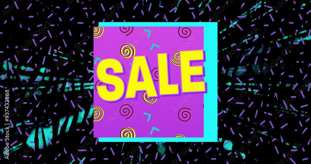 Poster sale text animation over colorful geometric patterns and shapes in background