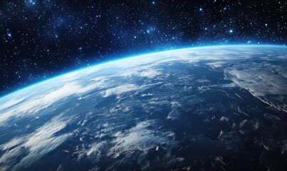 Earth seen from space with a dark blue sky full of stars.