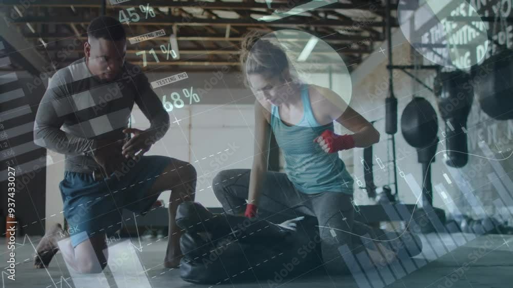Poster boxing training session with data analytics animation over athletes in gym