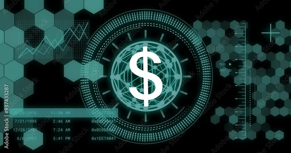 Poster processing financial data, dollar sign and network connections over hexagonal patterns