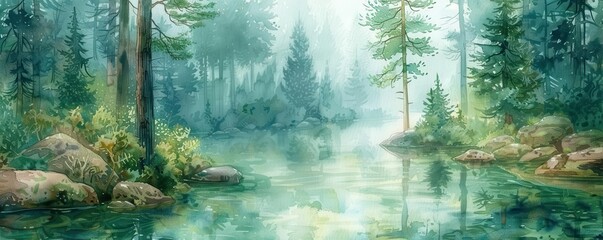 Peaceful and tranquil nature scene, Fantasy, Soft, Watercolor, Emphasizing serenity and natural beauty