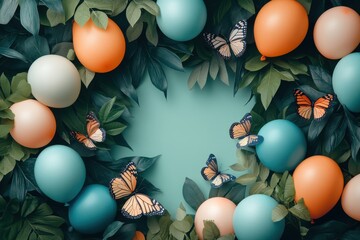A wreath of balloons and leaves with butterflies and eggs