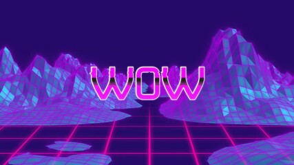 Wow text animation over neon grid landscape with mountains in background - Powered by Adobe