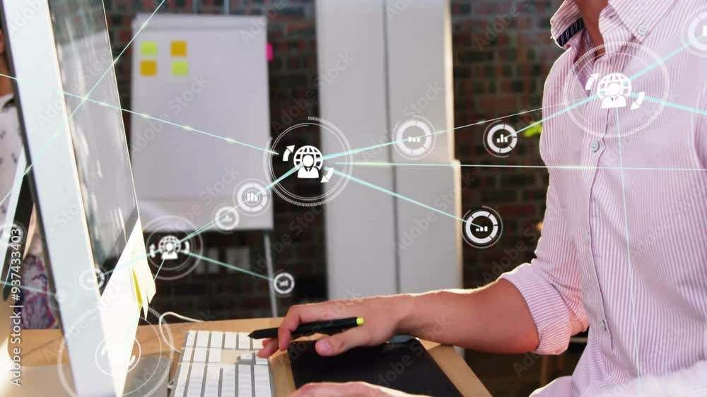 Poster using computer mouse and keyboard, person working with network connections animation