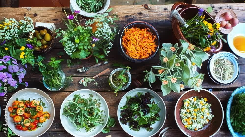Poster freshly harvested vegetables and herbs are arranged on a rustic table, creating an inviting scene fo