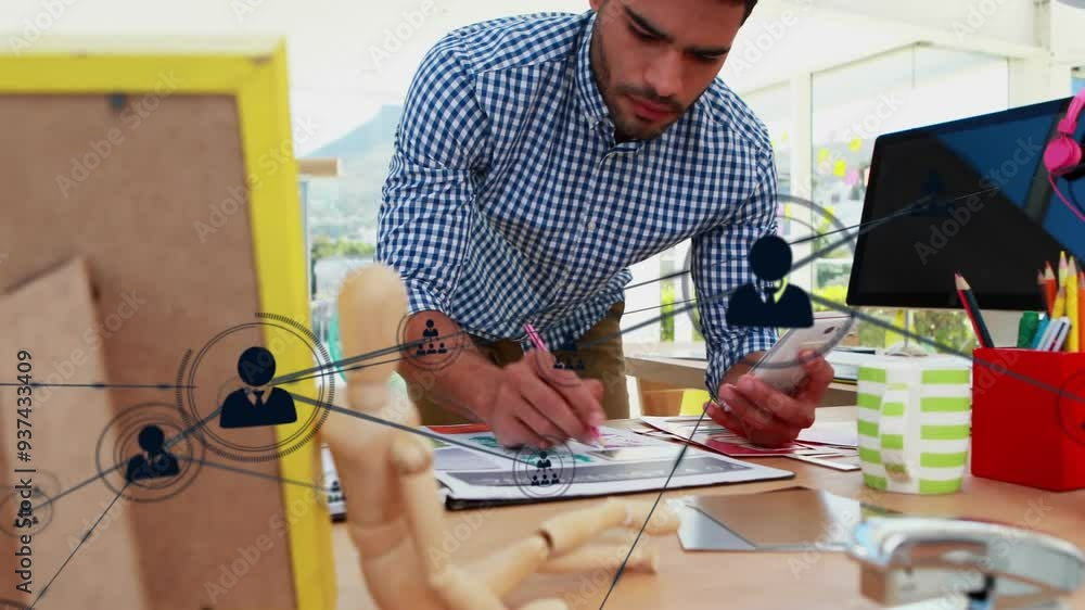 Poster network connections and data processing animation over man working at desk