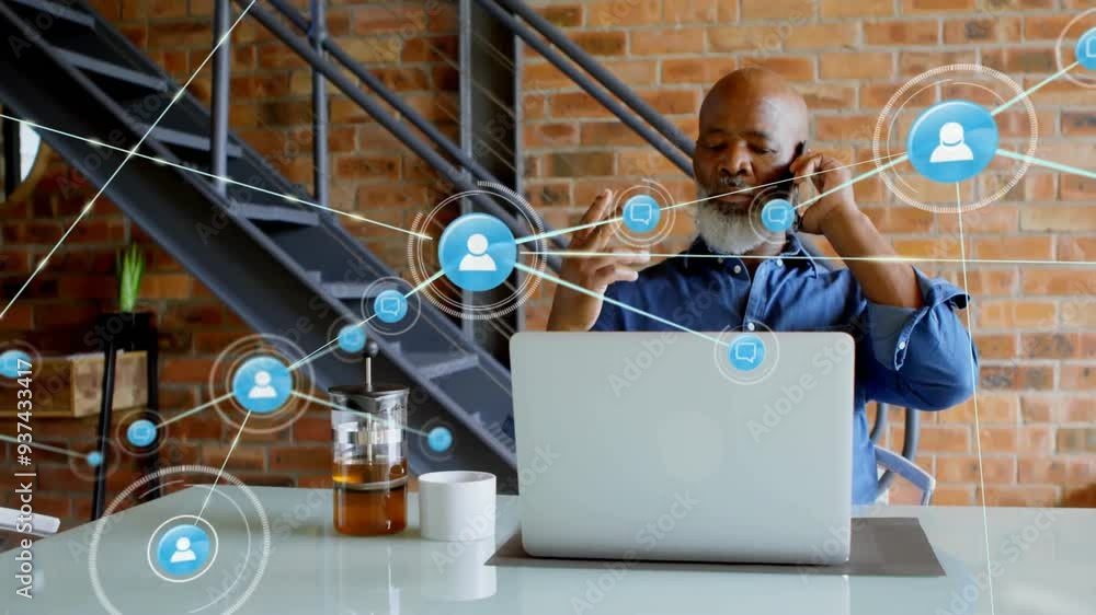 Poster networking and communication icons animation over man using laptop in modern office