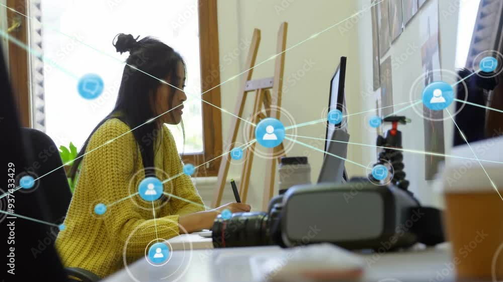 Poster network of connections and data processing animation over woman working at desk