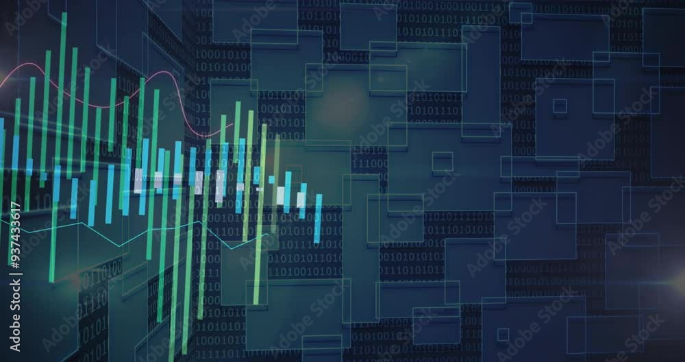 Poster financial data processing animation over binary code and geometric shapes background