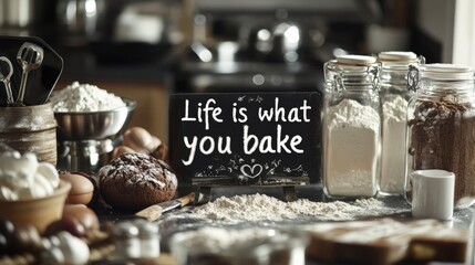 A messy kitchen counter filled with baking ingredients, text "Life is what you bake it" written in flour