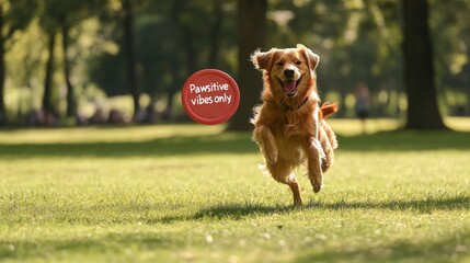 A dog playing fetch in a sunny park, text "Pawsitive vibes only" on a frisbee