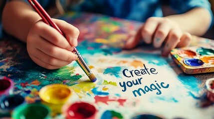 A child painting at a table, text "Create your own magic" on the paintbrush handle