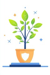 Green Plant Growing in Pot with Shield Illustration