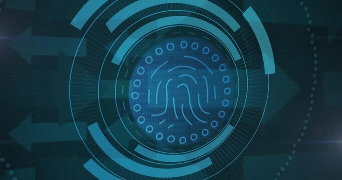 Binary code and circular patterns animation over digital interface background