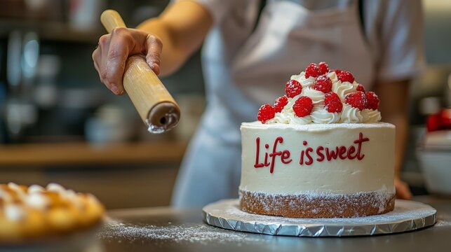A baker decorating a cake in a kitchen, text "Life is sweet" on a rolling pin
