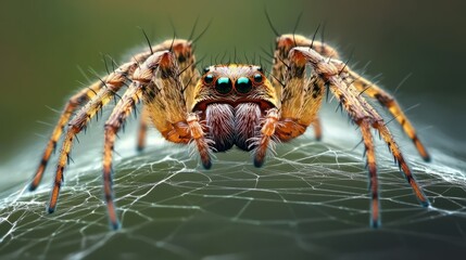 A close-up of a spider with large, bright green eyes, perched on a web.