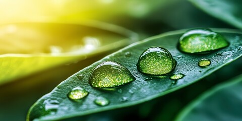 Close-up of water droplets on a leaf and blurry dewdrop reflections