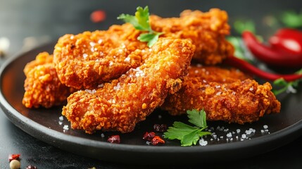 Fototapeta premium Crispy fried chicken tenders on a black plate with parsley and red pepper.