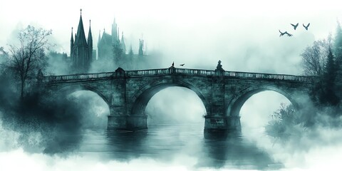 Gothic bridge, spanning a misty river, Watercolor style, isolated on white background