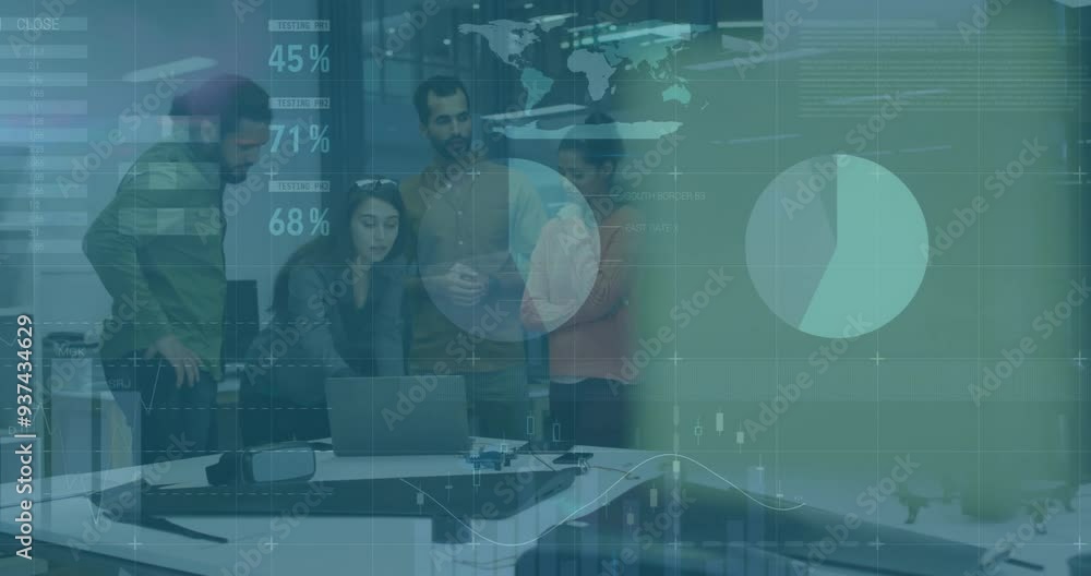 Poster discussing project, business team analyzing data with graphs and world map animation