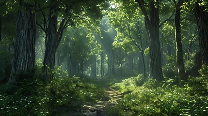 Obraz premium A serene forest scene with lush greenery and soft sunlight filtering through the trees.