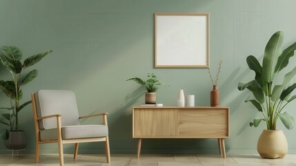 Minimalist Living Room with Serene Sage Green Wall and Modern Armchair