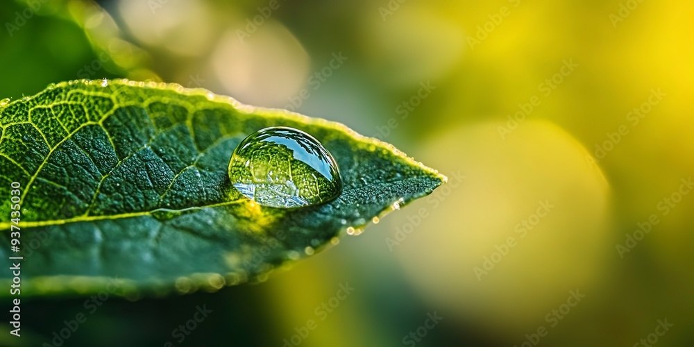 Wall mural Closeup of a dewdrop on a leaf, natures details, macro photography