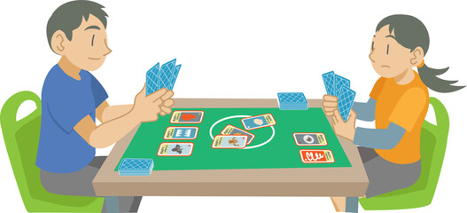 カードゲームで対戦する子供たちのイラスト