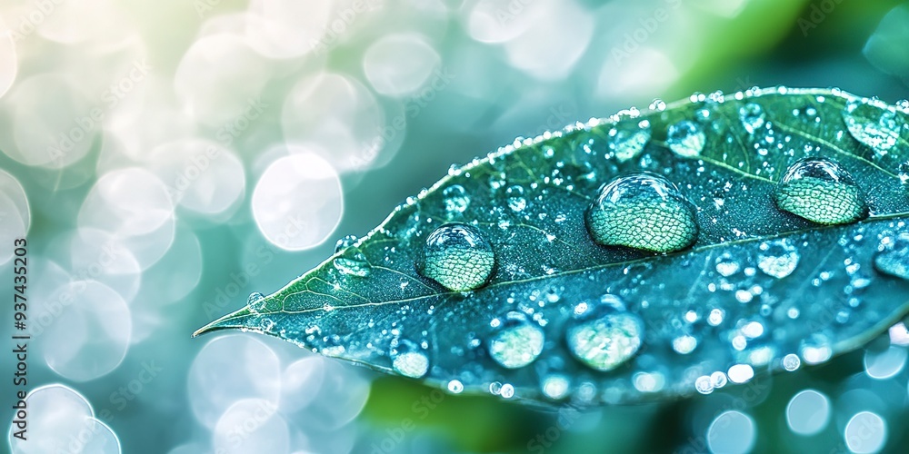 Poster Close-up of water droplets on a leaf and blurry dewdrop reflections 