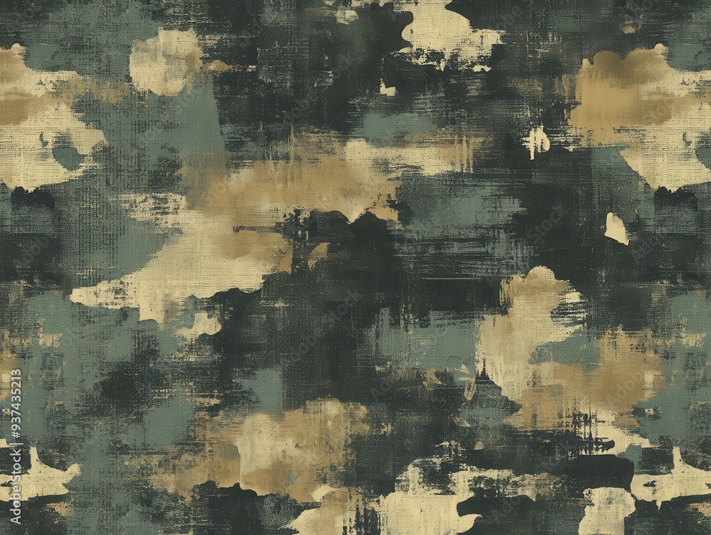 Poster abstract camouflage pattern with earthy tones and textures.