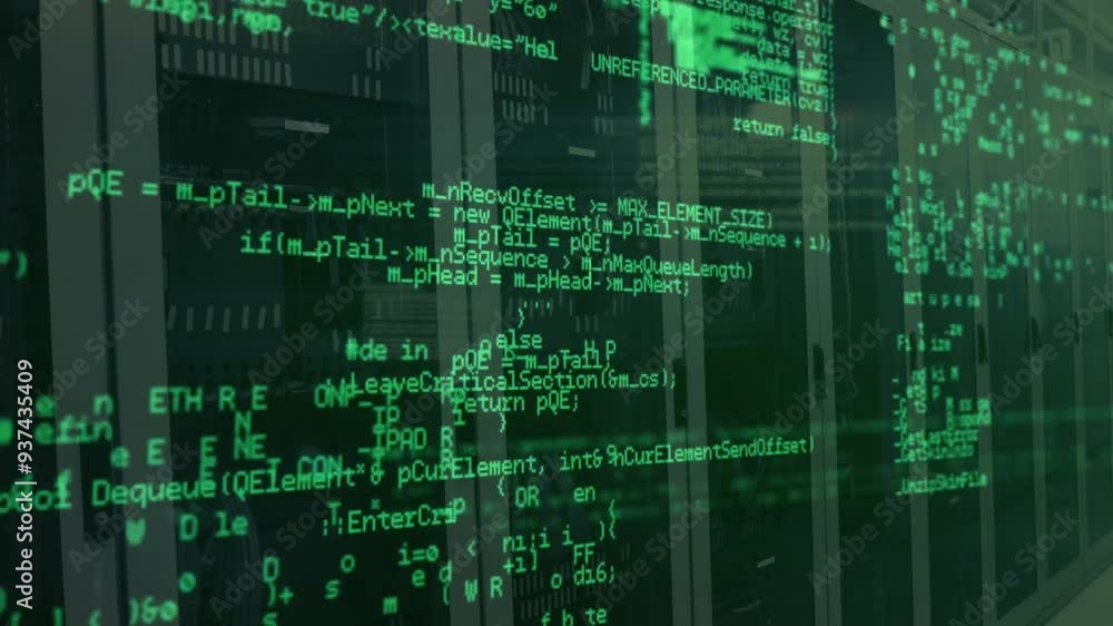 Poster green code and data processing animation over server racks in data center