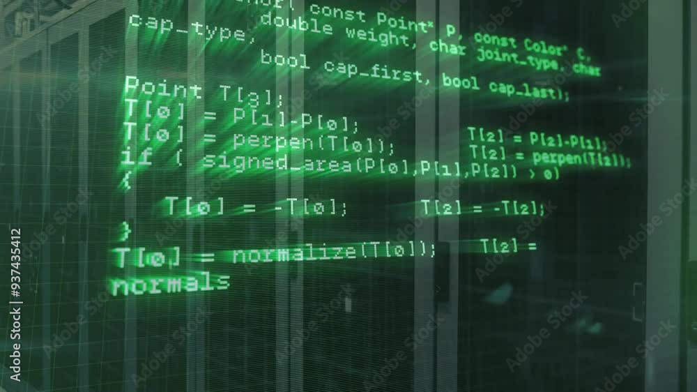 Poster Data processing and computer code animation over glass windows in modern building