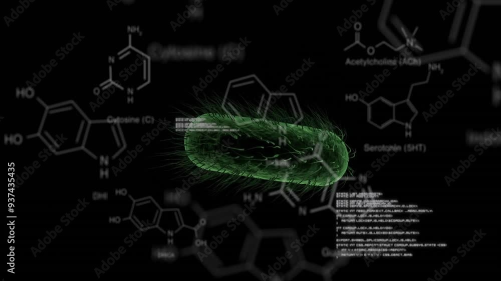 Poster animating molecular structures and data processing over green bacterium on black background