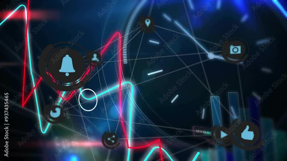 Poster animating social media icons and data charts over financial graphs and network connections