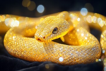 Fototapeta premium close up yellow snake made of diamonds and rhinestones, luxury glittery sparkly symbol of new year, wisdom and wealth animal wallpaper, magic reptile jewelry