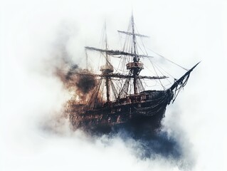 Obraz premium Abandoned pirate ship, haunted by spirits, eerie fog, Watercolor style, isolated on white background