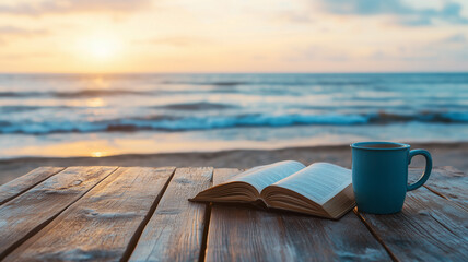 A wooden table with a coffee mug and an open book, set against a blurred beach scene with waves in the background, bathed in soft morning light to create a calm and reflective mood.