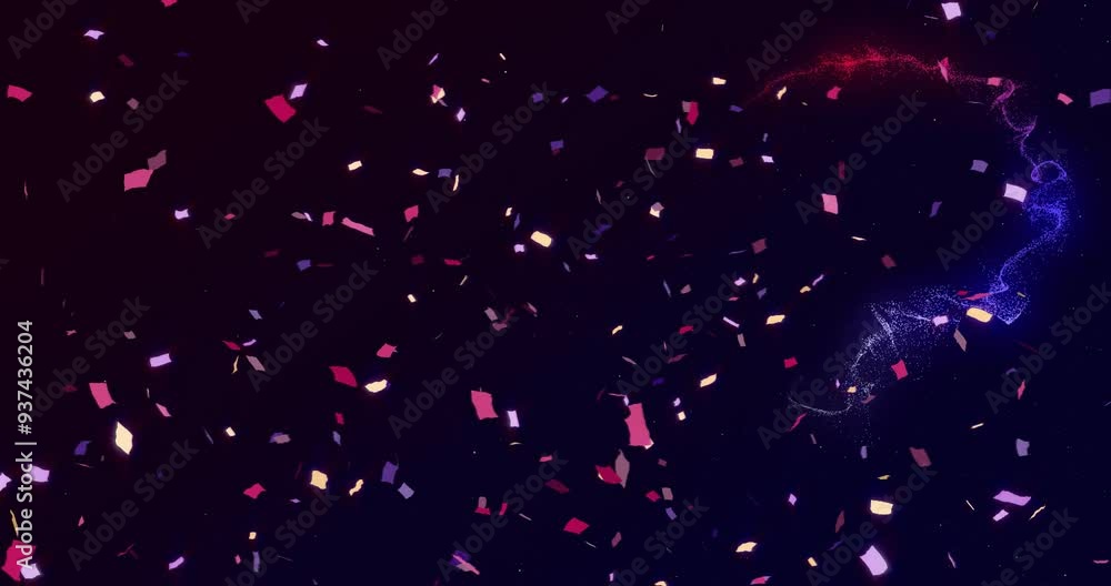 Poster colorful confetti falling with glowing particle trails animation on dark background