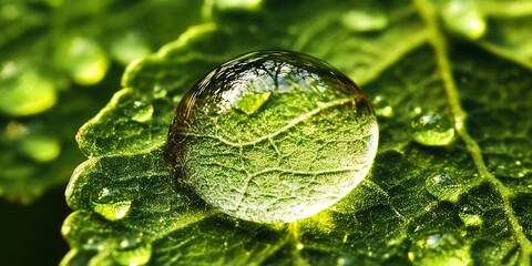 A crystal clear dewdrop sits delicately on a vibrant green leaf, magnifying the intricate network of veins below. The droplet, surrounded by smaller beads of water
