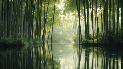 Obraz premium Tranquil bamboo forest with a still pond reflecting the trees.