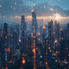 Fototapeta premium A digitally enhanced skyline of a futuristic city with glowing lights, representing urban development, technological advancement, and a smart city concept.