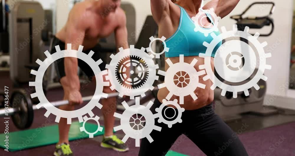 Poster exercising in gym, people with gears and cogs animation overlay