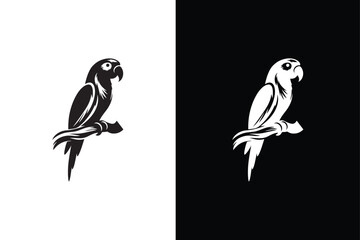 Parrot bird silhouette illustration. Isolated icon silhouette of a parrot black white