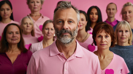 Obraz premium Breast cancer advocacy group portrait with male figure 