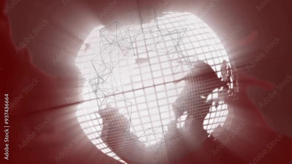 Poster glowing globe with network connections animation on red background