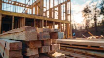Construction Site with a Stack of Wooden Beams in the Foreground